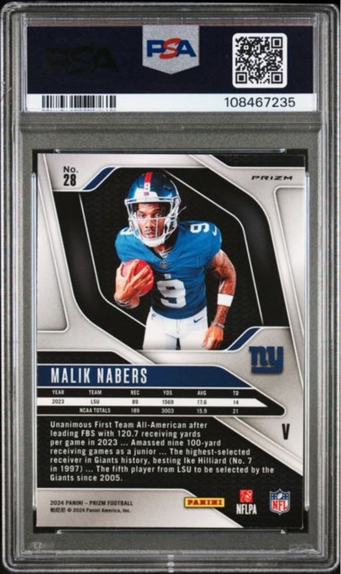 Graded 2024 Panini Prizm Malik Nabers #8 Rookie Variation Rookie RC Football Card PSA 10 Gem Mint