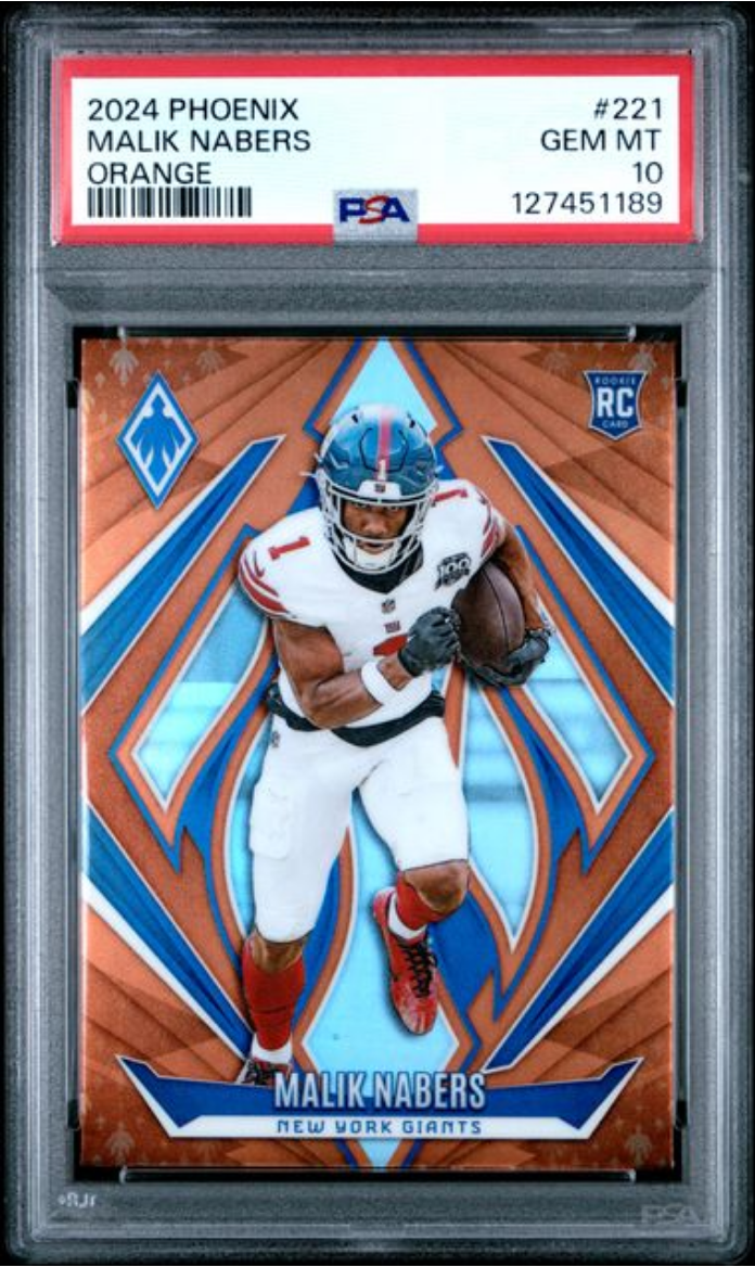 Graded 2024 Panini Phoenix Malik Nabers #221 Orange Rookie RC Football Card PSA 10 Gem Mint