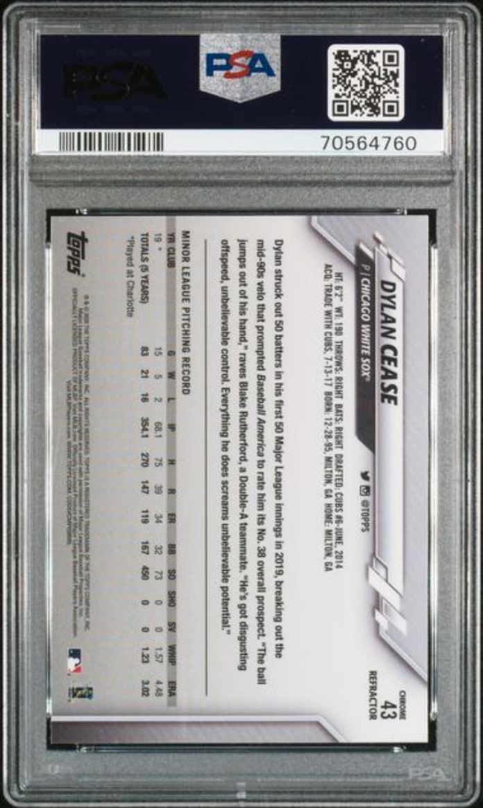 Graded 2020 Topps Chrome Dylan Cease #43 Pink Refractor Rookie RC Baseball Card PSA 10 Gem Mint