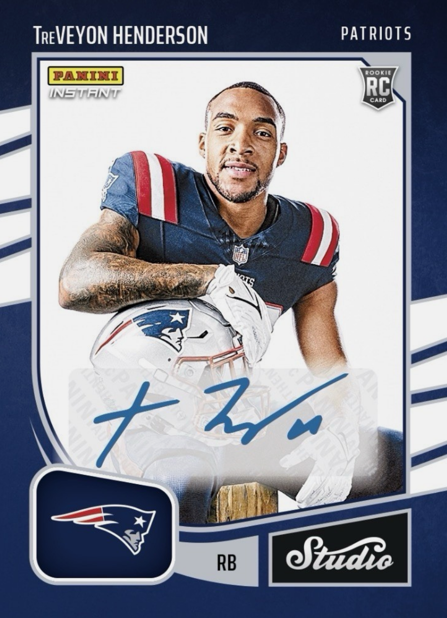 2025 Panini Instant NFL TreVeyon Henderson #SR37 Studio Rookies Auto /99 New England Patriots Rookie RC Football Card