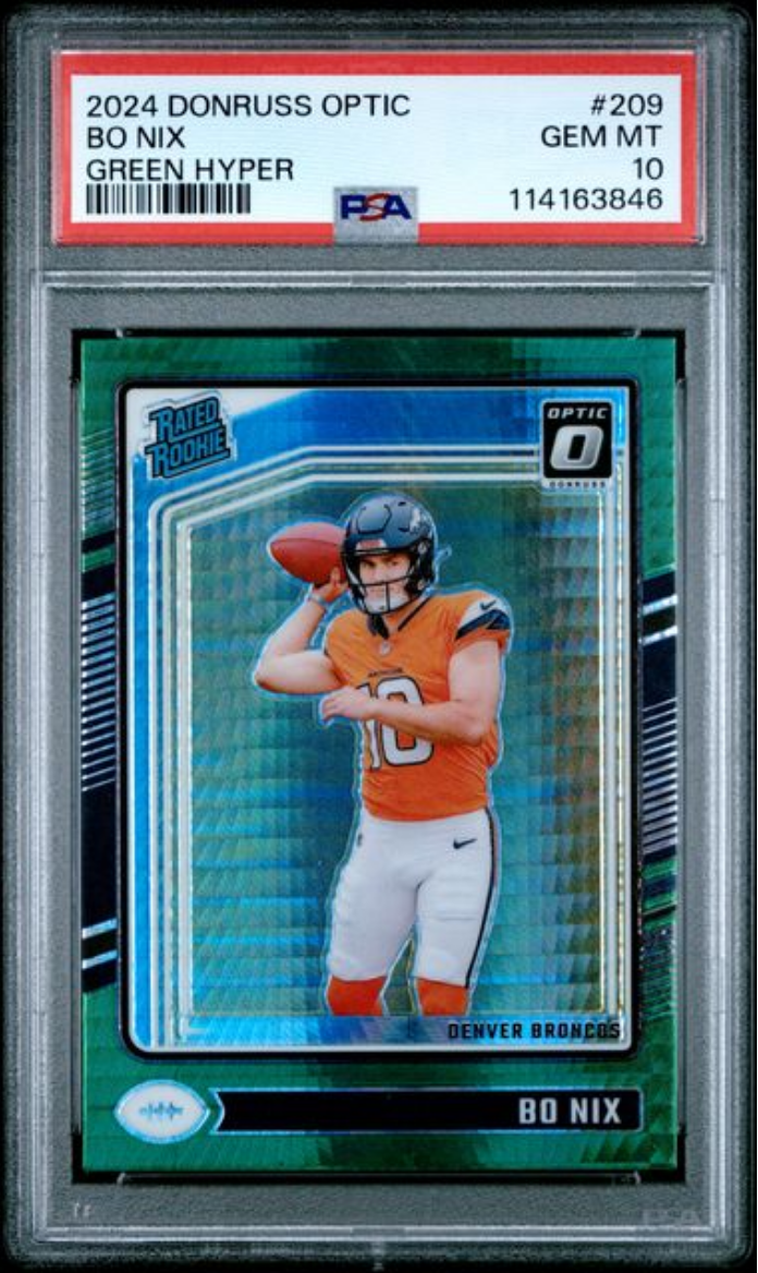Graded 2024 Panini Donruss Optic Bo Nix #209 Green Hyper Rookie RC Football Card PSA 10 Gem Mint