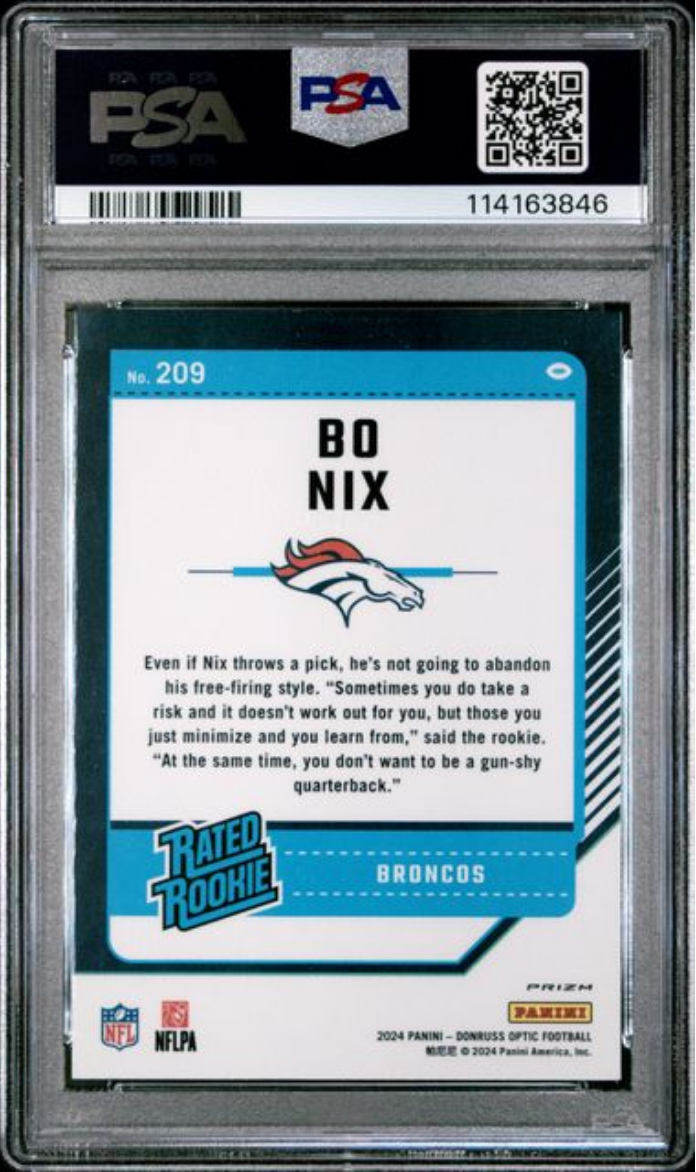 Graded 2024 Panini Donruss Optic Bo Nix #209 Green Hyper Rookie RC Football Card PSA 10 Gem Mint