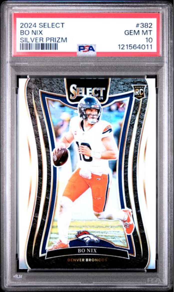 Graded 2024 Panini Select Bo Nix #382 Silver Prizm Rookie RC Football Card PSA 10 Gem Mint