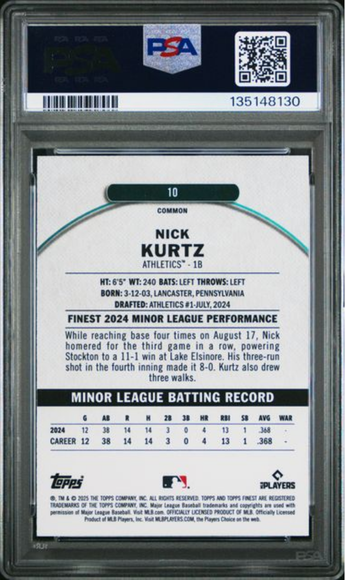 Graded 2025 Topps Finest Nick Kurtz #10 Rookie RC Baseball Card PSA 10 Gem Mint