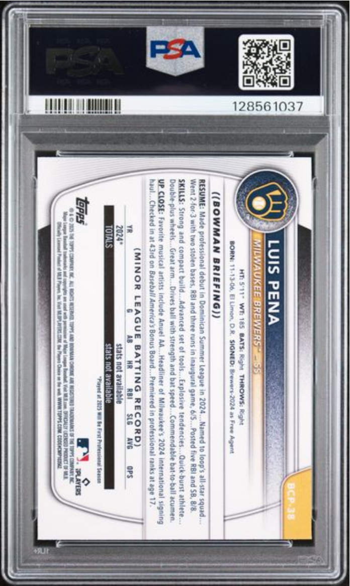 Graded 2025 Topps Bowman Mega Box Luis Pena #38 Prospects Fuschia Refractor /299 Rookie RC Baseball Card PSA 10 Gem Mint