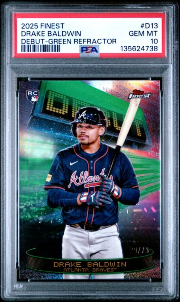 Graded 2025 Topps Finest Drake Baldwin #D13 Debut Green Refractor /75 Rookie RC Baseball Card PSA 10 Gem Mint