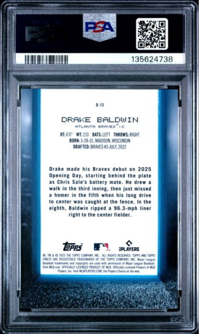 Graded 2025 Topps Finest Drake Baldwin #D13 Debut Green Refractor /75 Rookie RC Baseball Card PSA 10 Gem Mint