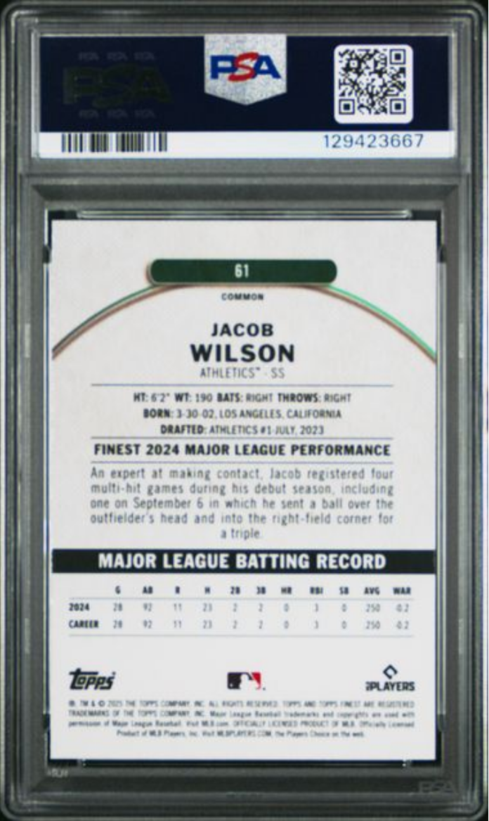 Graded 2025 Topps Finest Jacob Wilson #61 Rookie RC Baseball Card PSA 10 Gem Mint