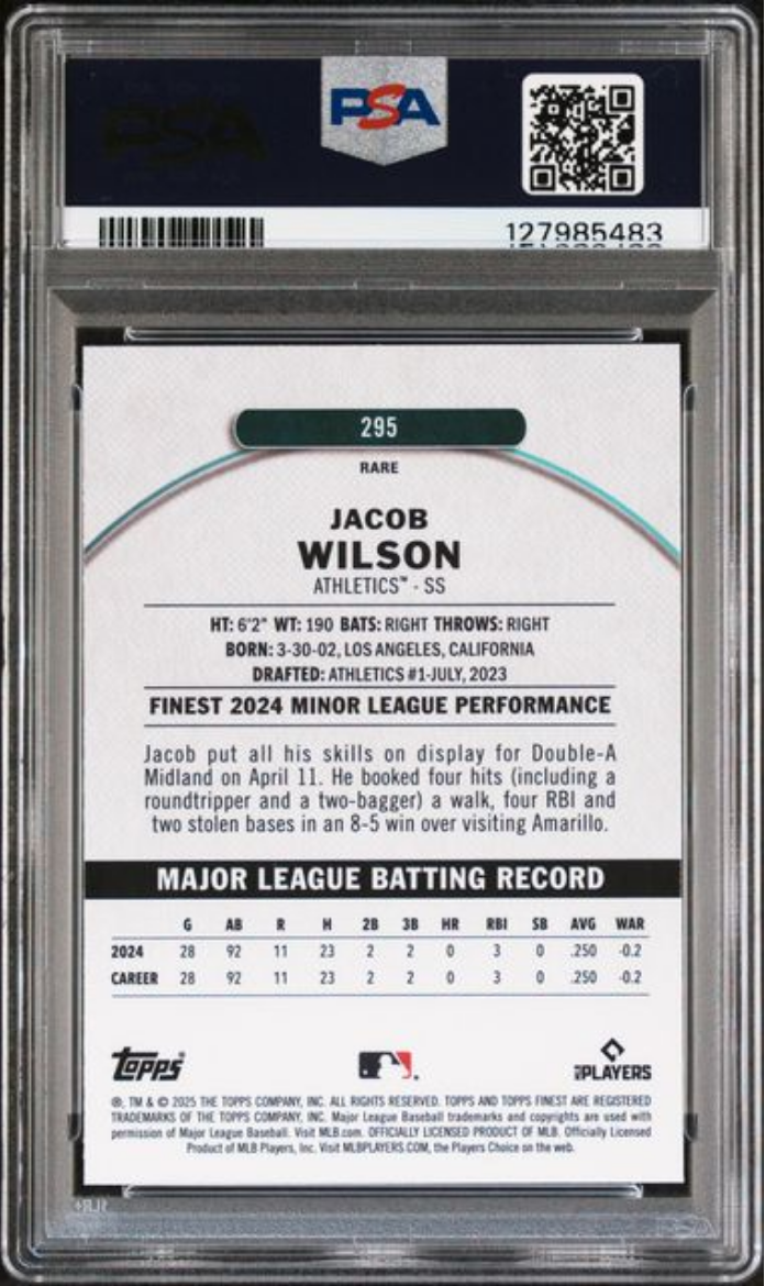 Graded 2025 Topps Finest Jacob Wilson #295 Rookie RC Baseball Card PSA 10 Gem Mint
