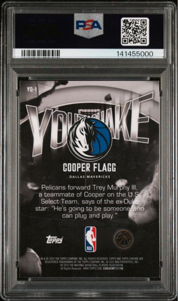 Graded 2025 Topps Chrome Cooper Flagg #YQ1 Youthquake Rookie RC Basketball Card PSA 10 Gem Mint