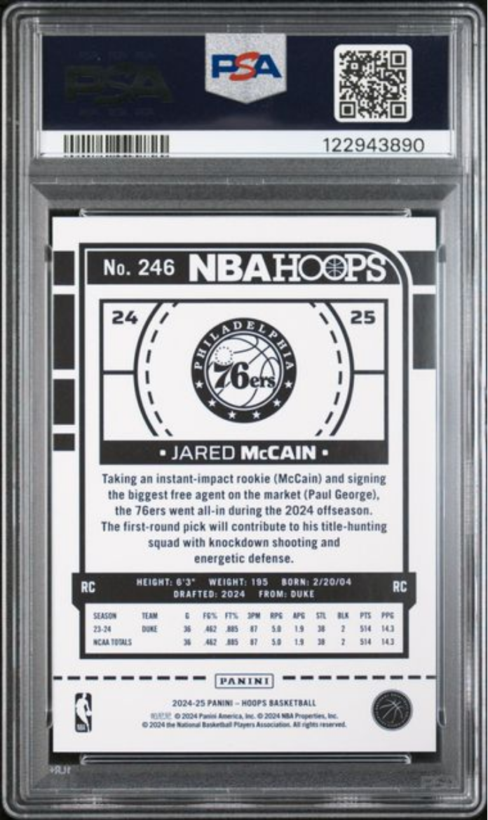 Graded 2024 Panini Hoops Jared McCain #246 Purple Explosion /110 Rookie RC Basketball Card PSA 10 Gem Mint