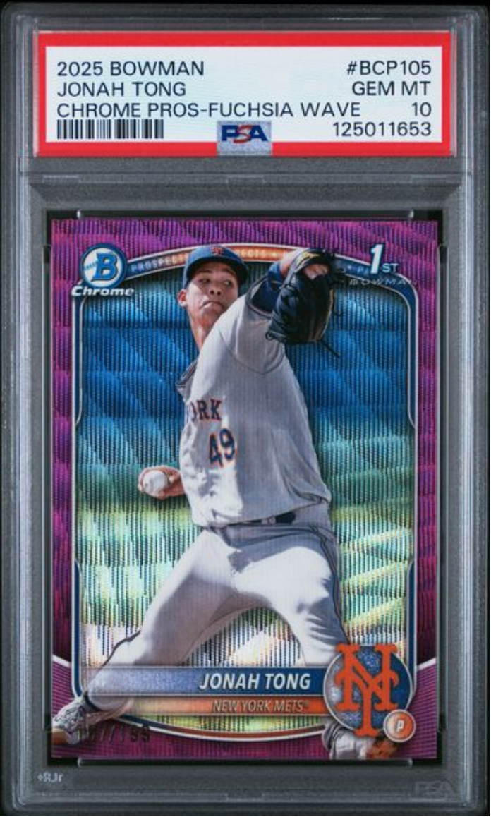 Graded 2025 Topps Bowman Jonah Tong #BCP105 Chrome Prospects Fuschia Wave /199 Rookie RC Baseball Card PSA 10 Gem Mint