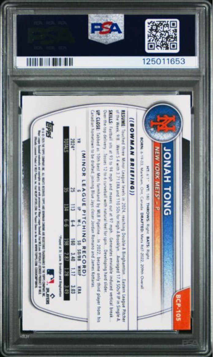 Graded 2025 Topps Bowman Jonah Tong #BCP105 Chrome Prospects Fuschia Wave /199 Rookie RC Baseball Card PSA 10 Gem Mint
