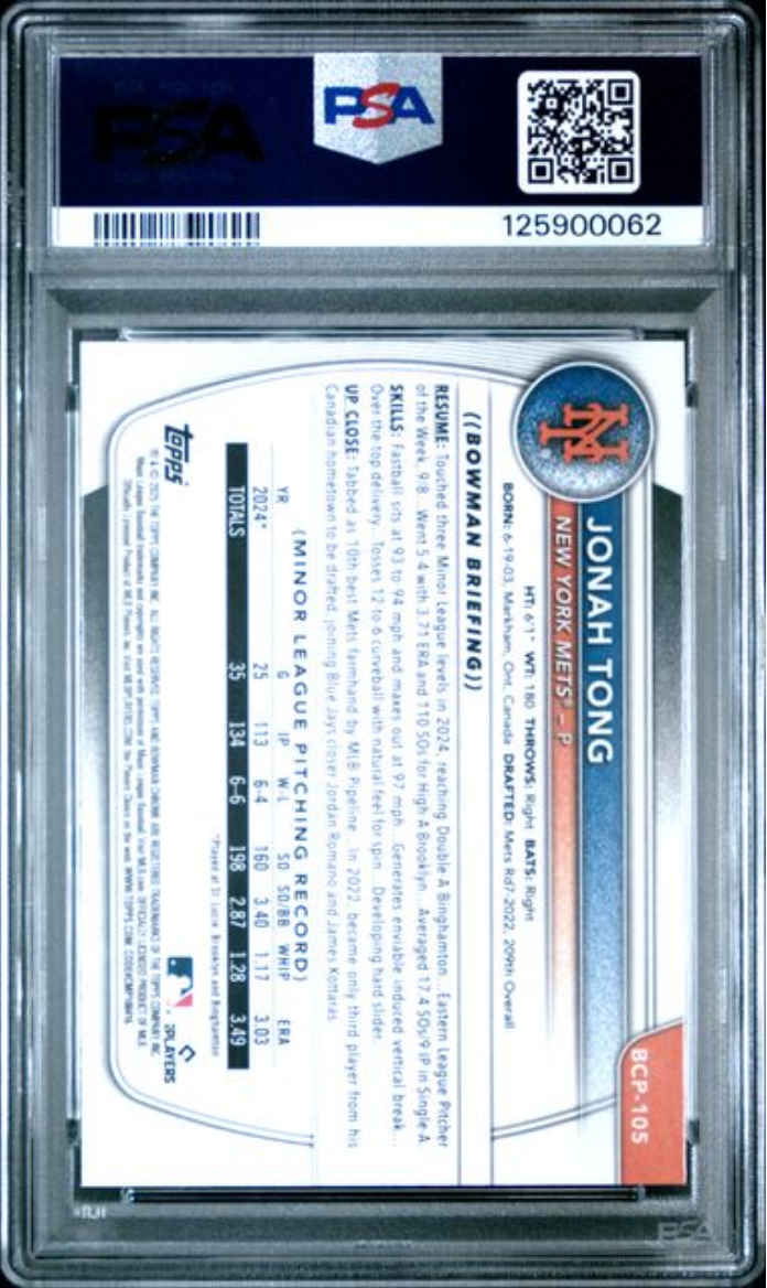 Graded 2025 Topps Bowman Sapphire Jonah Tong #BCP105 Chrome Prospects Rookie RC Baseball Card PSA 10 Gem Mint