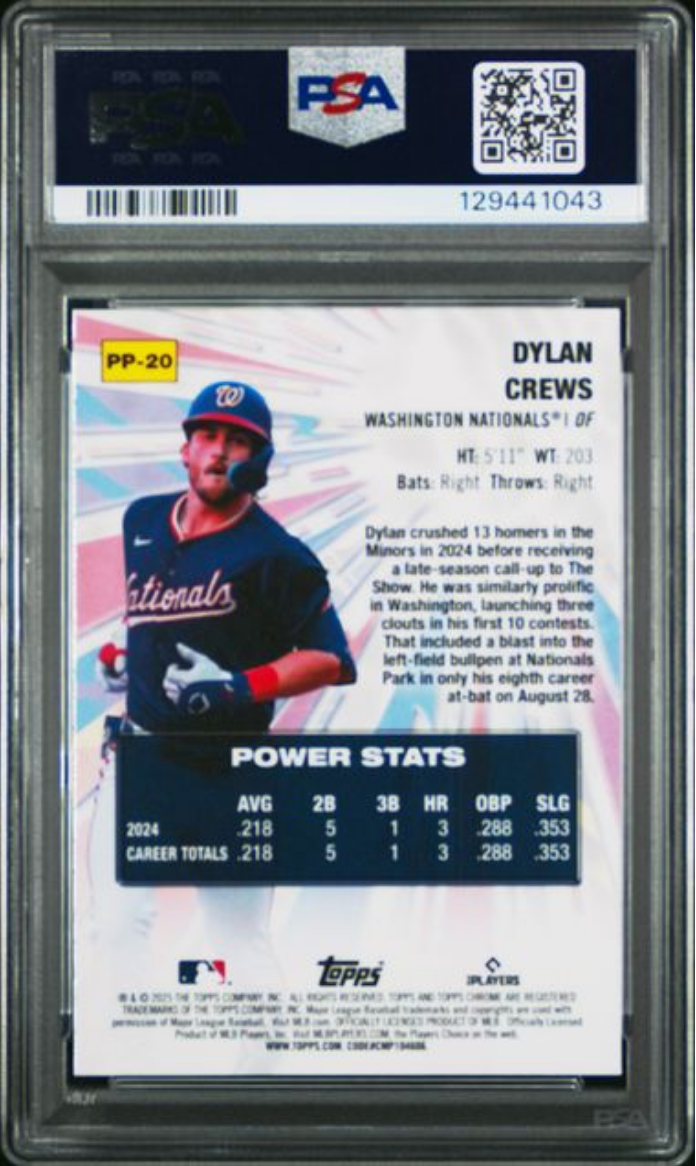 Graded 2025 Topps Chrome Dylan Crews #PP20 Power Players Rookie RC Baseball Card PSA 10 Gem Mint