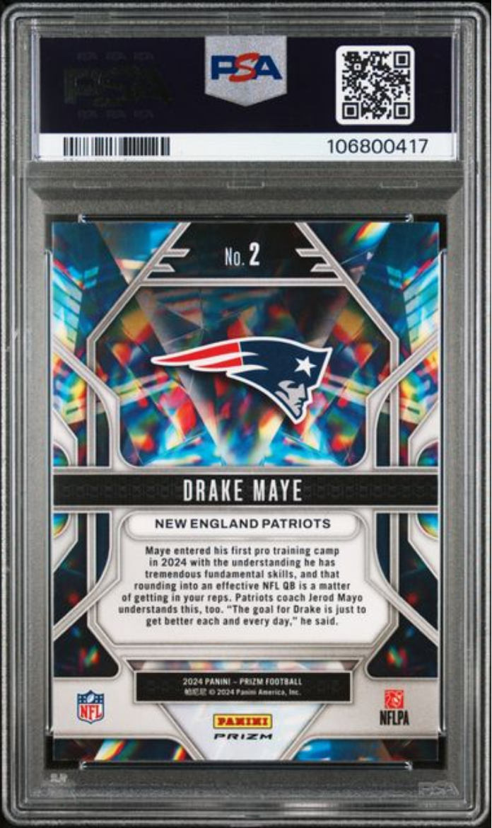 Graded 2024 Panini Prizm Drake Maye #2 Prizmatic Silver Prizm Rookie RC Football Card PSA 10 Gem Mint