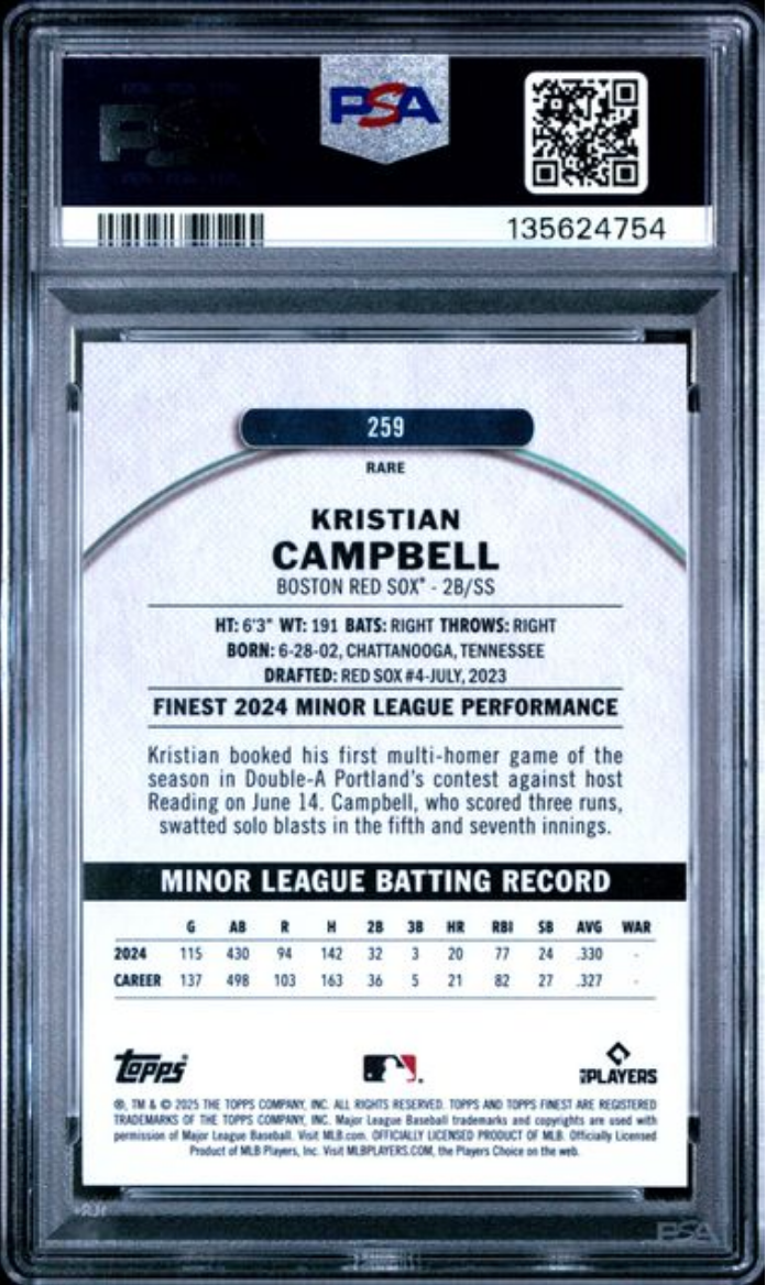 Graded 2025 Topps Finest Kristian Campbell #259 Rookie RC Baseball Card PSA 10 Gem Mint