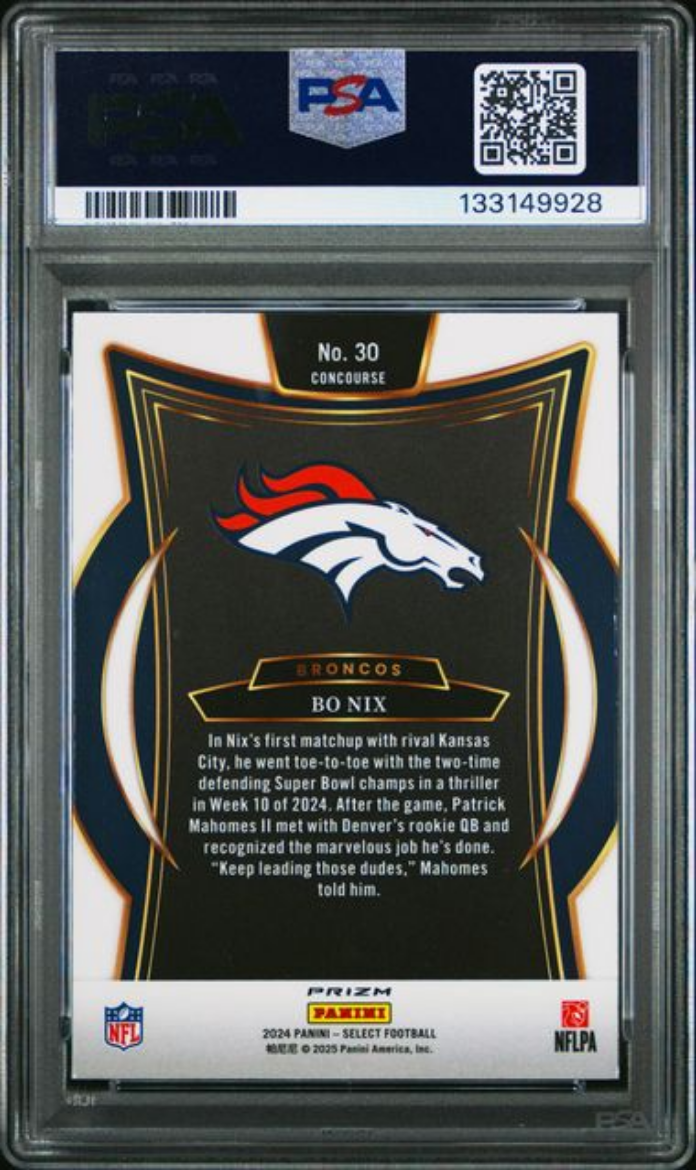 Graded 2024 Panini Select Bo Nix #30 Black & Green Shock Rookie RC Football Card PSA 10 Gem Mint