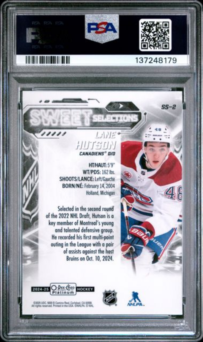 Graded 2024 O-Pee-Chee Platinum Lane Hutson #SS2 Sweet Selections Rookie RC Hockey Card PSA 10 Gem Mint