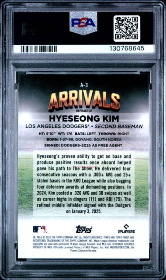 Graded 2025 Topps Finest Hyeseong Kim #A3 Arrivals Refractor Rookie RC Baseball Card PSA 10 Gem Mint
