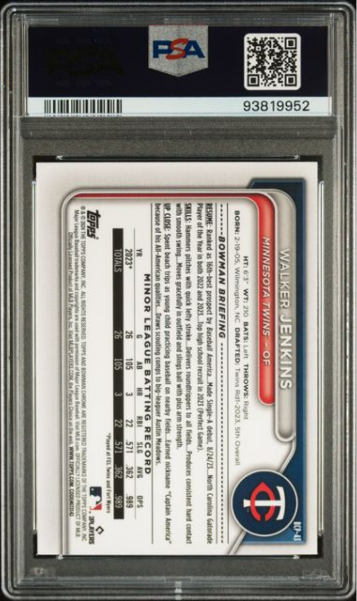Graded 2024 Topps Bowman Walker Jenkins #BCP43 Chrome Prospects Lunar Glow Rookie RC Baseball Card PSA 10 Gem Mint
