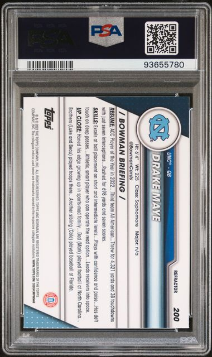 Graded 2023 Topps Bowman U Chrome Drake Maye #200 Refractor Rookie RC Football Card PSA 10 Gem Mint
