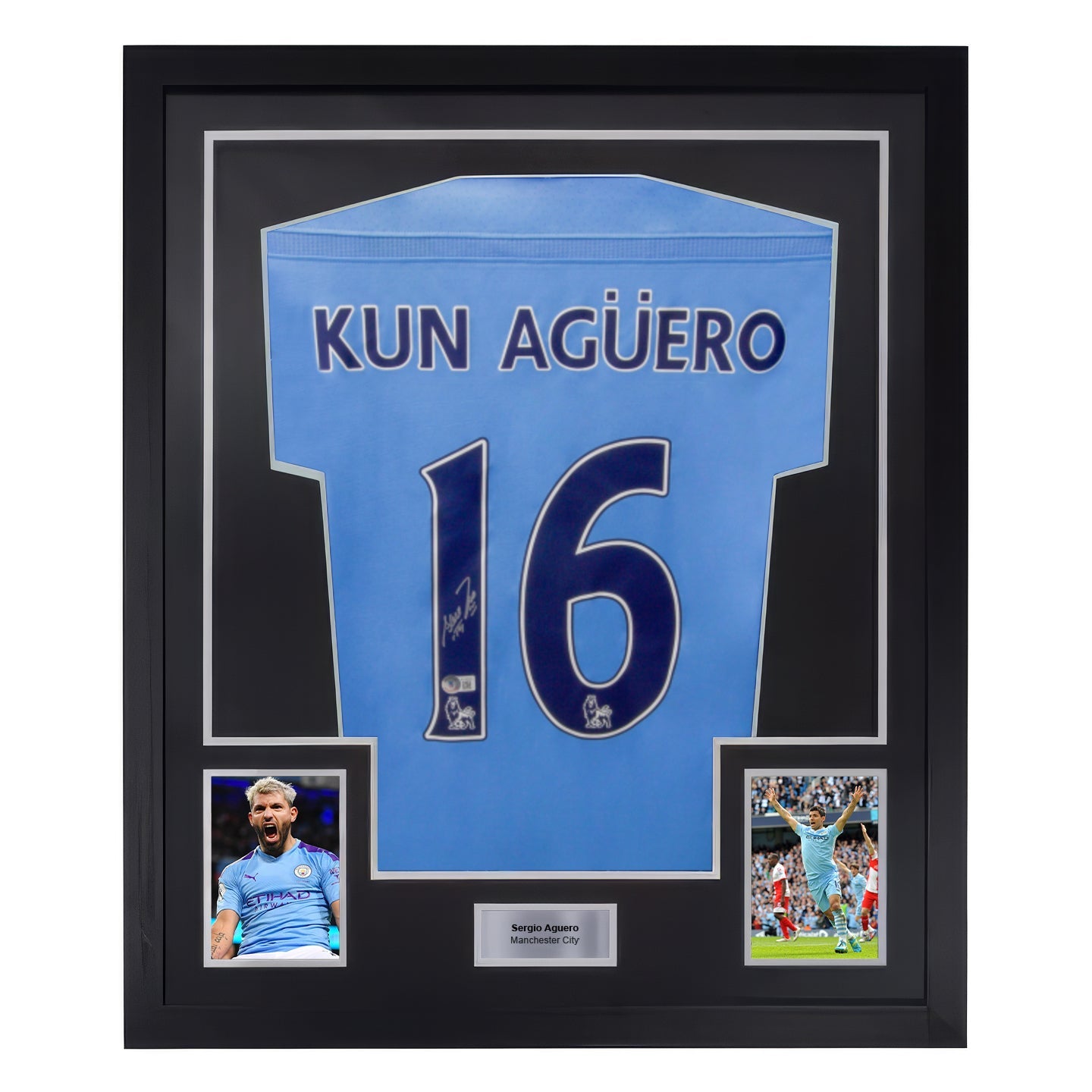 Framed Sergio Aguero Signed Manchester City Home Soccer Jersey #16 with Beckett COA