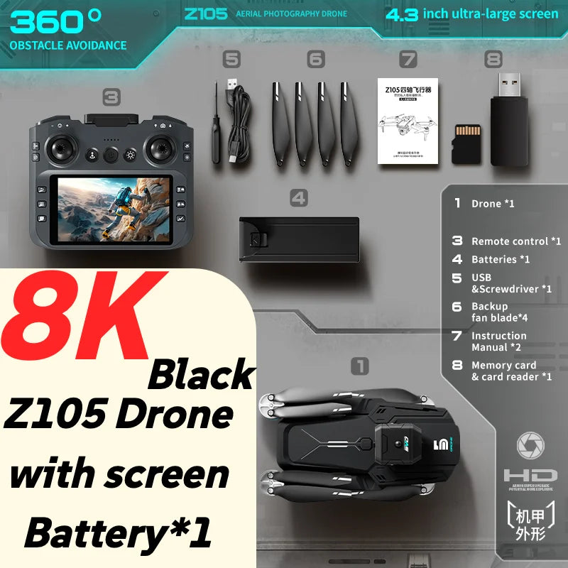 Lenovo Z105 GPS Foldable Drone 8K Dual Camera Brushless Optical Flow 4.3" Screen RC 15Mins Flight FPV Quadcopter Drone