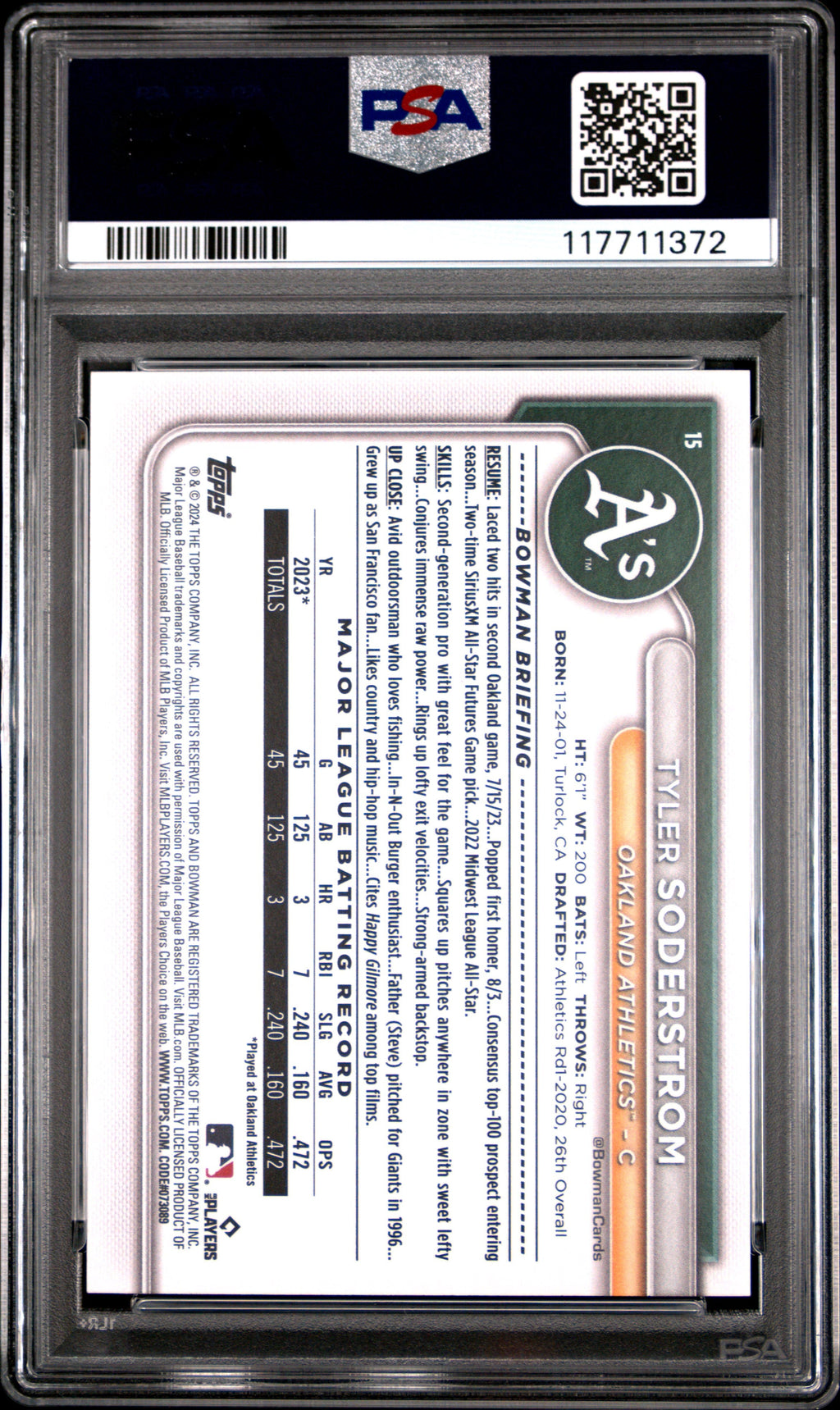 Graded 2024 Topps Bowman Tyler Soderstrom #15 Rookie RC Baseball Card PSA 10 Gem Mint