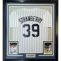 Framed Autographed/Signed Darryl Strawberry 35x39 New York Pinstripe Baseball Jersey JSA COA