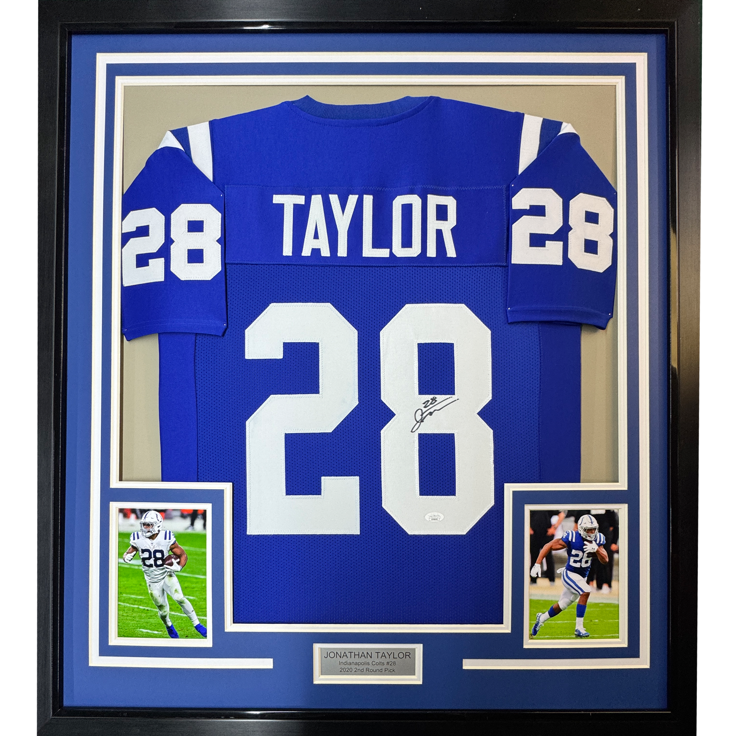 Framed Autographed/Signed Jonathan Taylor 35x39 Indianapolis Blue Football Jersey JSA COA