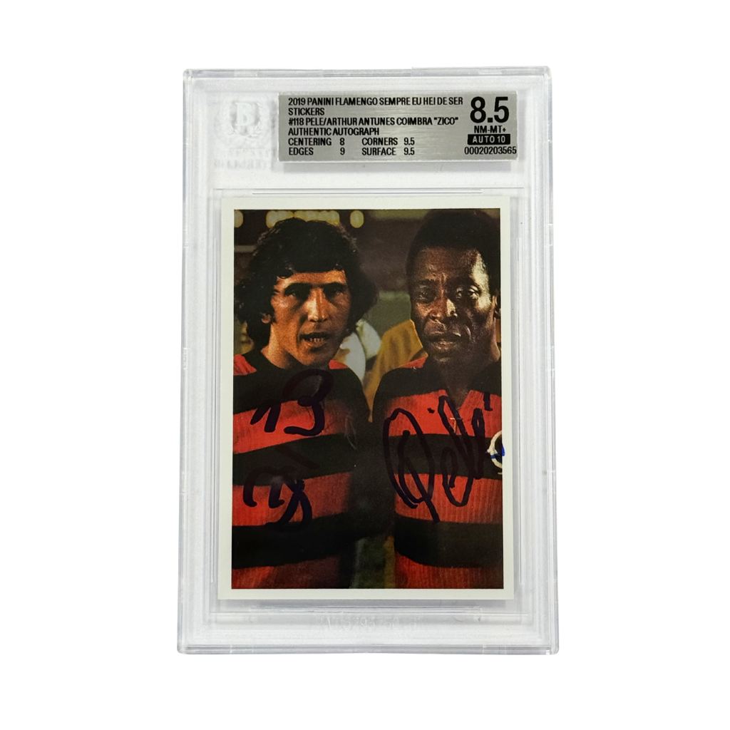 Pele & Zico Dual Signed 2019 Panini Flamengo 100 Anos History #118 - BGS 8.5