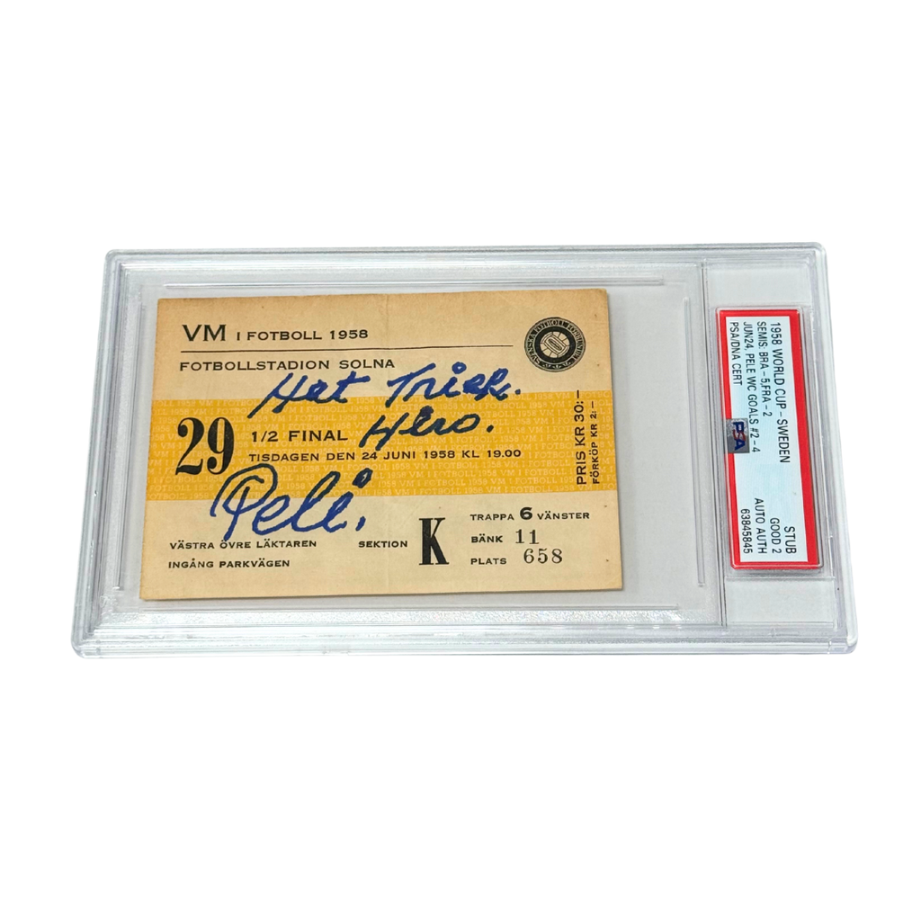 Pele Signed & Inscribed 1958 World Cup Hat Trick Ticket - PSA 2
