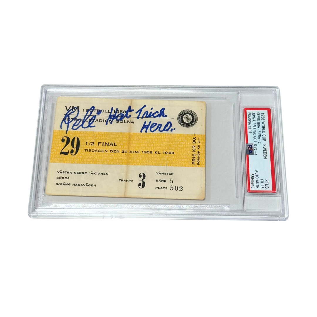 Pele Signed & Inscribed 1958 World Cup Hat Trick Ticket - PSA 1.5