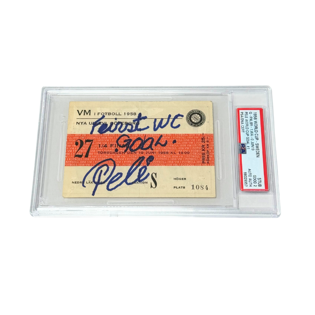 Pele Signed & Inscribed 1958 World Cup First Goal Ticket - PSA 2
