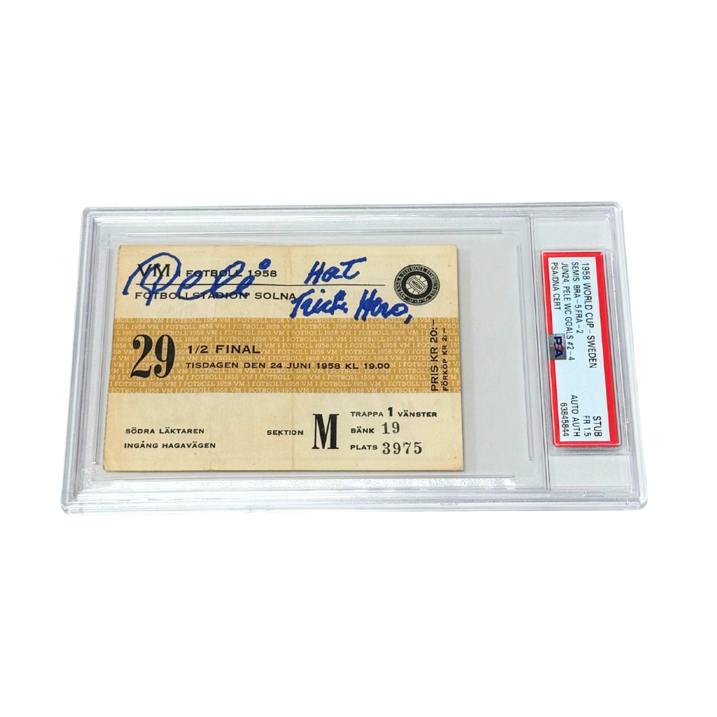 Pele Signed & Inscribed 1958 World Cup Hat Trick Game Ticket - PSA 1.5