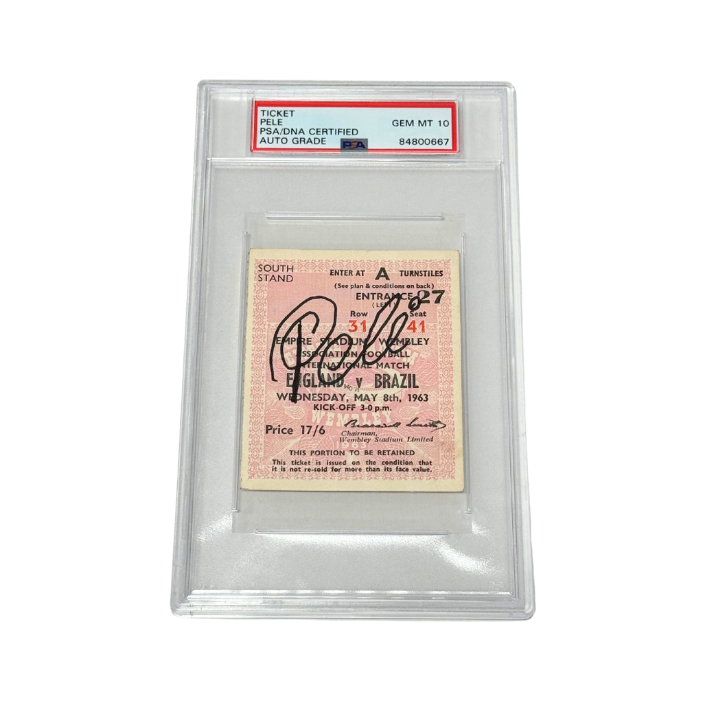 Pele Signed 1963 England vs Brazil Ticket - PSA Autograph 10