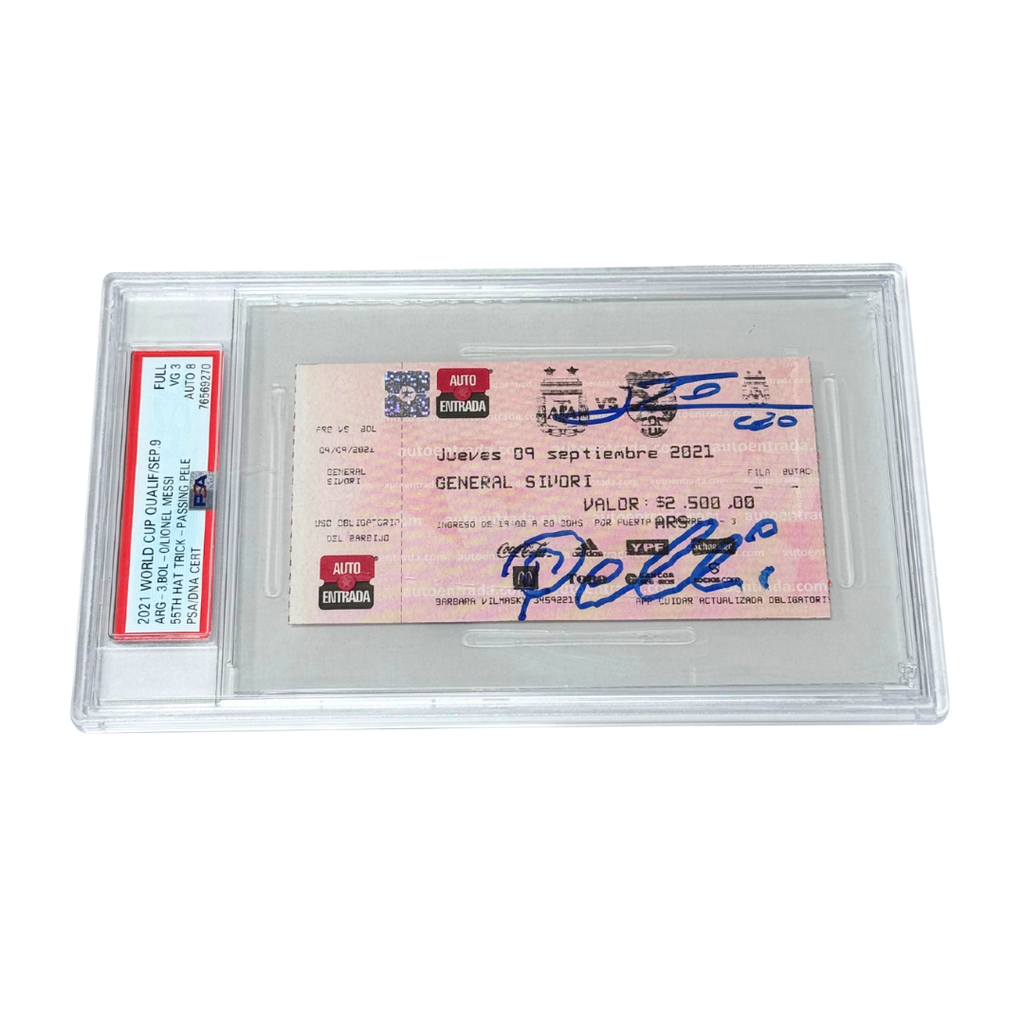 Messi & Pele Signed Ticket - Messi Passing Pele Goals - PSA 3