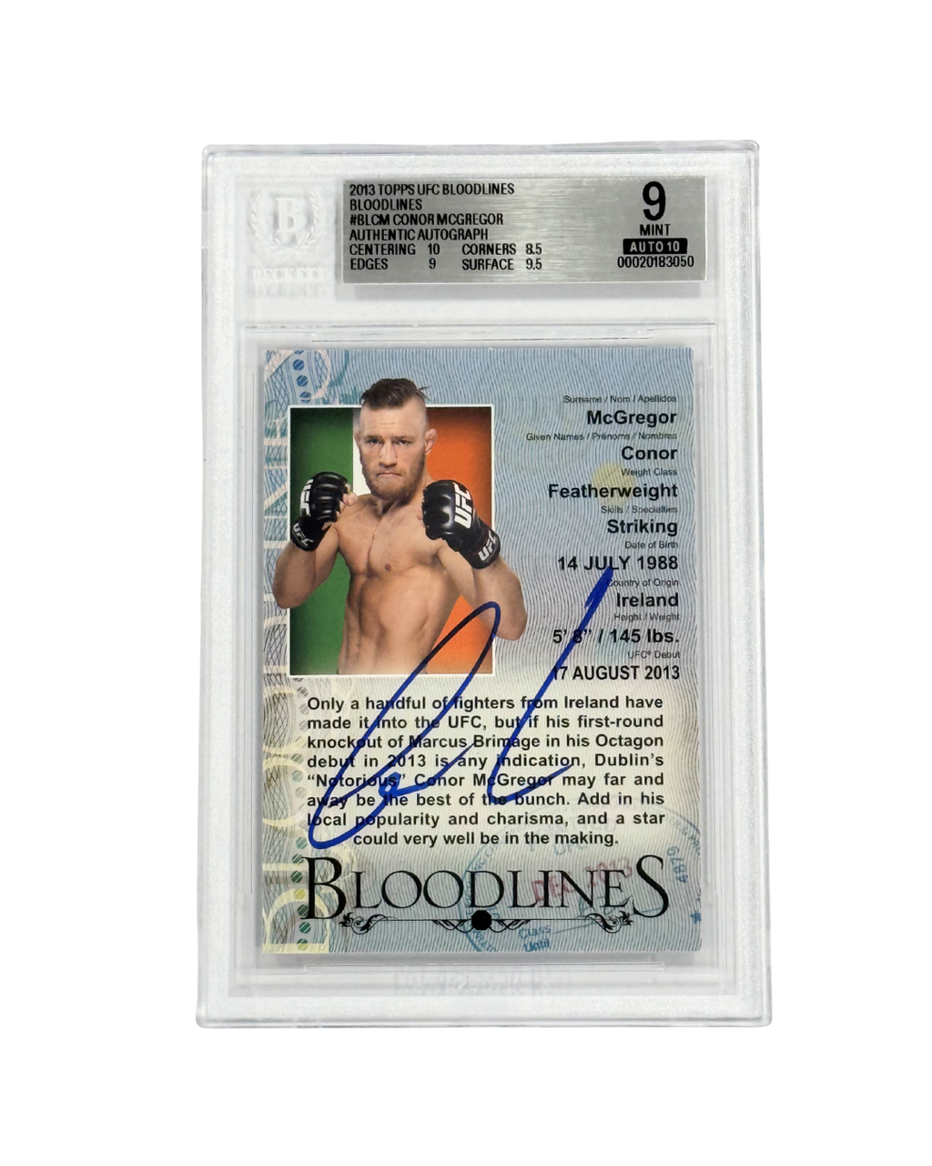 Conor McGregor Signed 2013 Topps UFC Bloodlines Rookie Card - BGS 9 AUTO 10