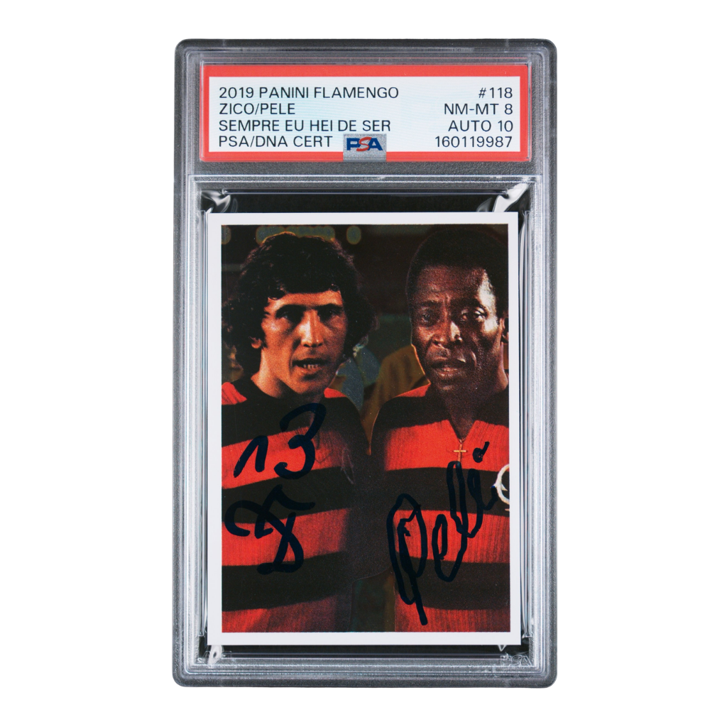 Pele & Zico Dual Signed 2019 Panini Flamengo 100 Anos History - PSA 8 AUTO 10