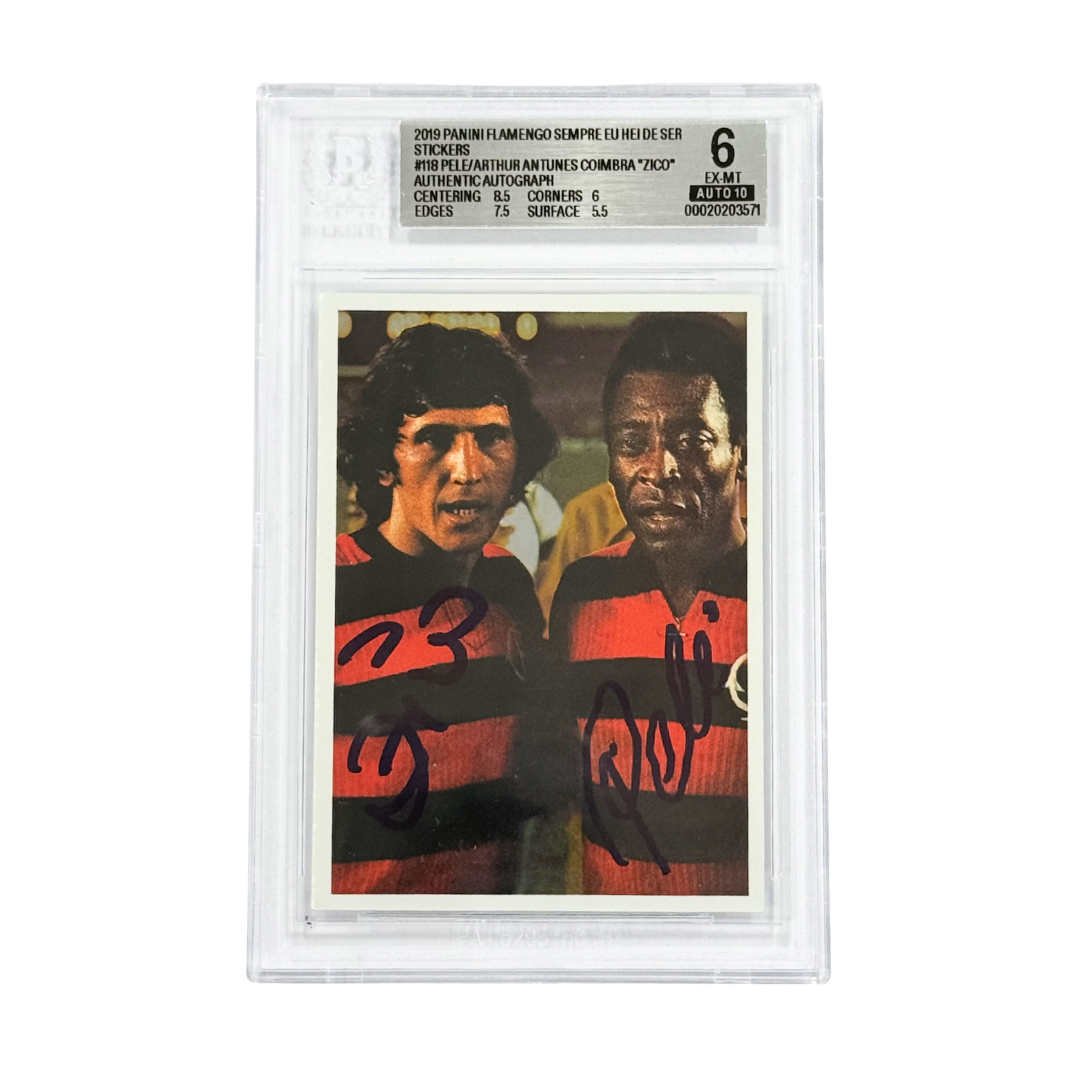 Pele & Zico Dual Signed 2019 Panini Flamengo 100 Anos History Pele #118 - BGS 6