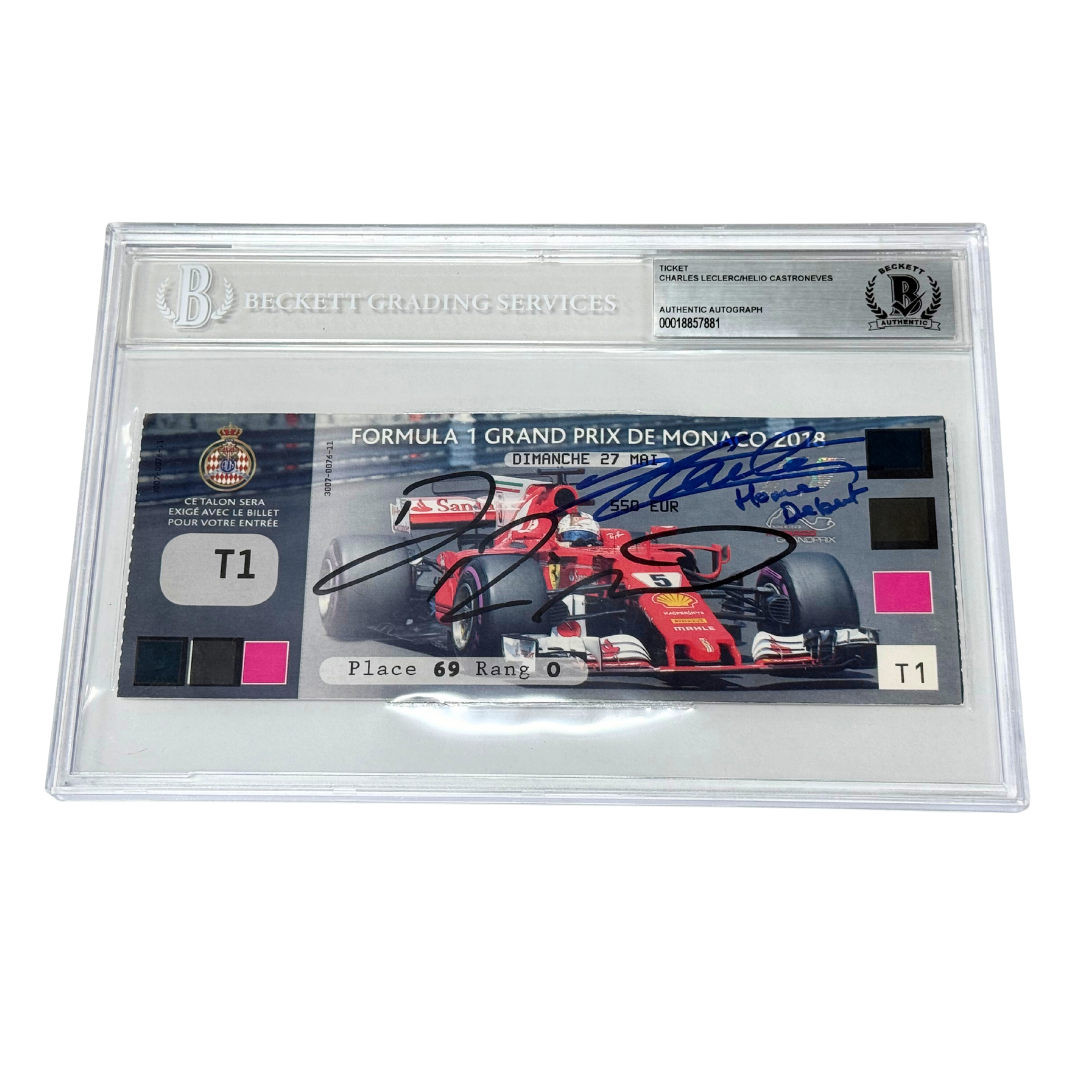 Charles Leclerc & Castroneves Signed F1 Home Debut Ticket Inscribed - BGS AUTH