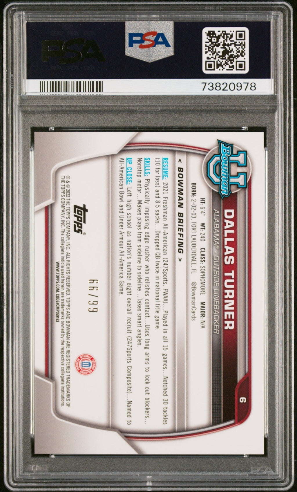 Graded 2022 Topps Bowman University Dallas Turner #6 Chrome Prospects Green Shimmer Refractor /99 Rookie RC Football Card PSA 10 Gem Mint