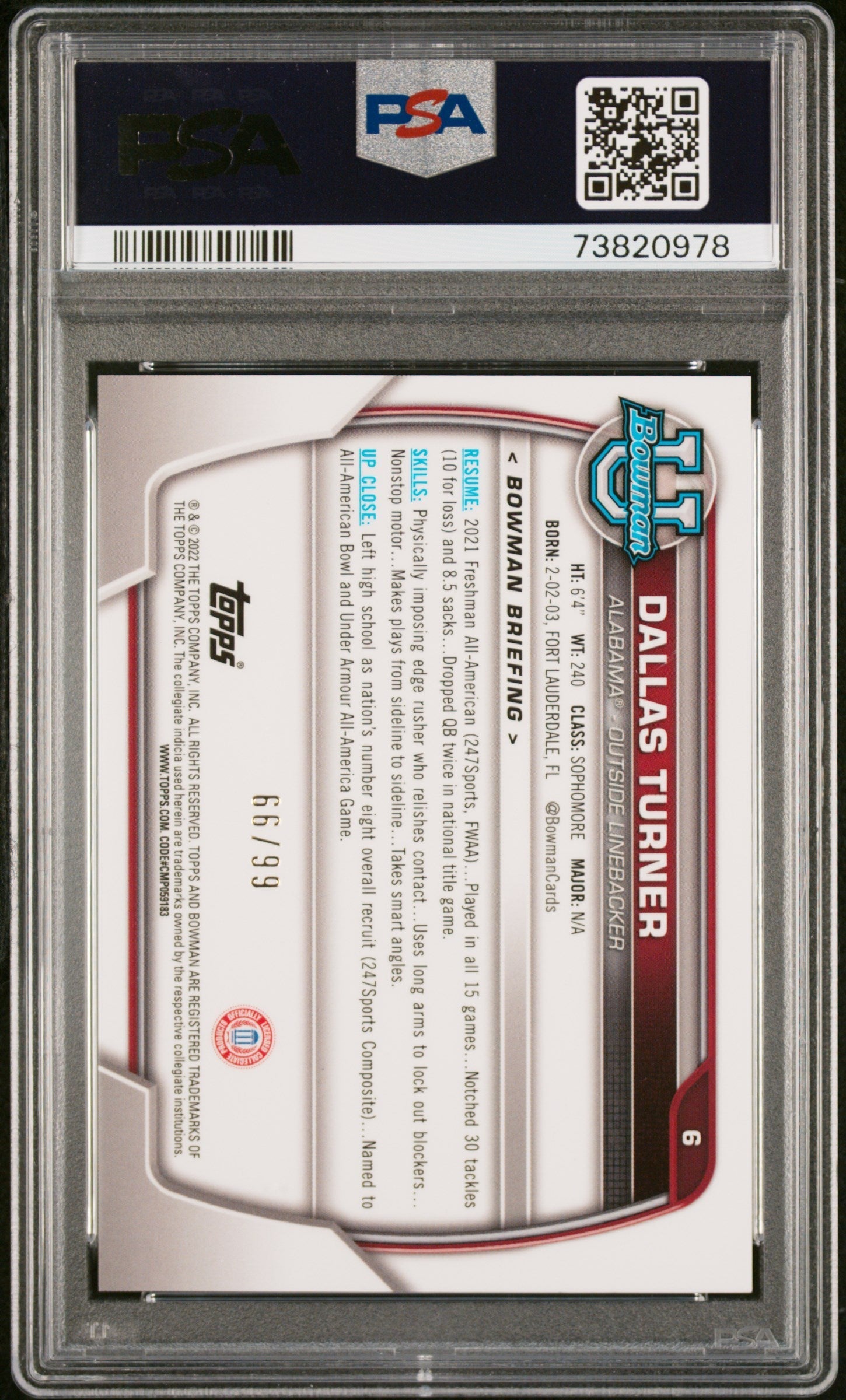 Graded 2022 Topps Bowman University Dallas Turner #6 Chrome Prospects Green Shimmer Refractor /99 Rookie RC Football Card PSA 10 Gem Mint