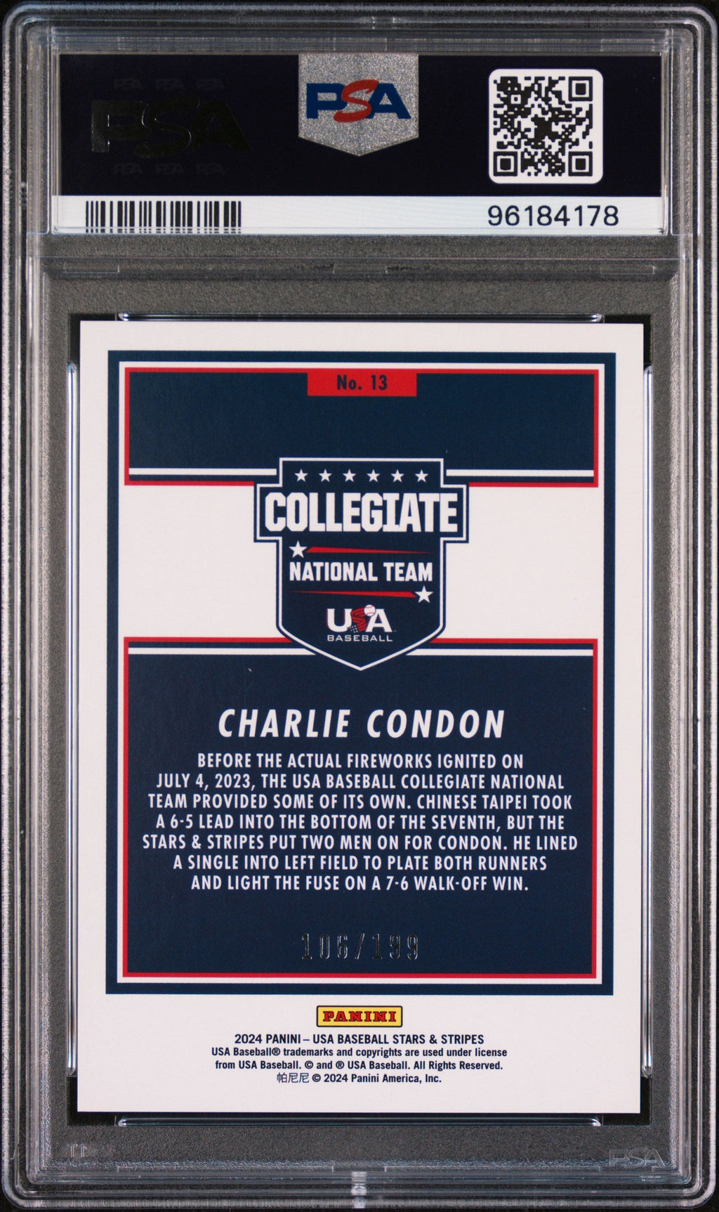 Graded 2024 Panini Stars & Stripes USA Charlie Condon #13 /199 Rookie RC Baseball Card PSA 10 Gem Mint