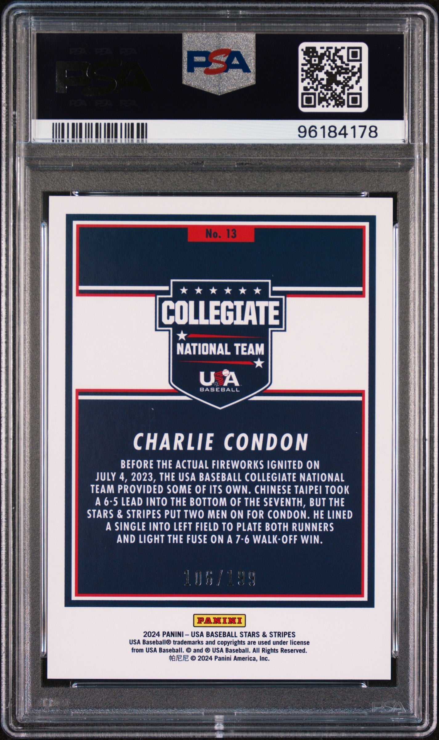 Graded 2024 Panini Stars & Stripes USA Charlie Condon #13 /199 Rookie RC Baseball Card PSA 10 Gem Mint