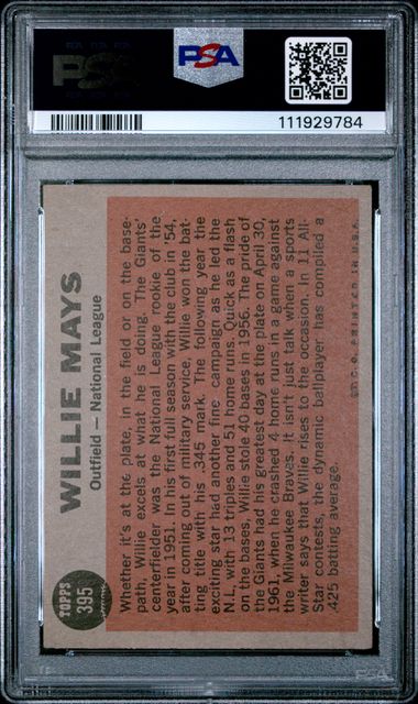 Graded 1962 Topps All Star Willie Mays #395 Baseball Card PSA 4 VG-EX
