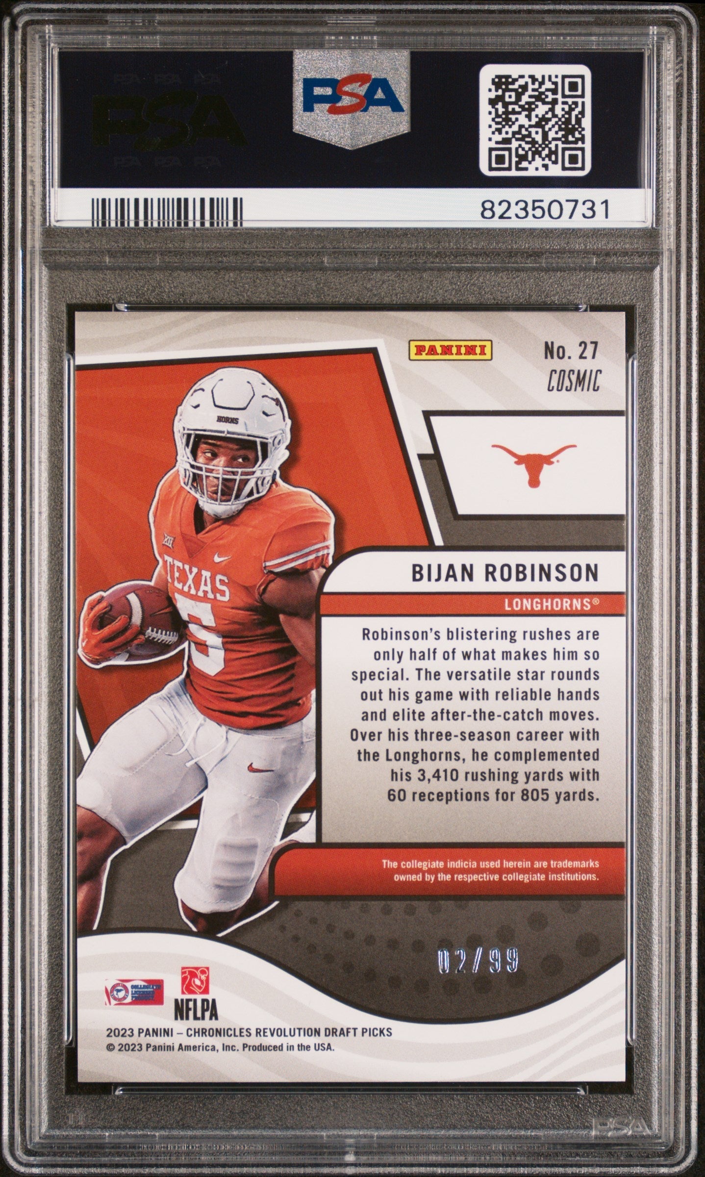 Graded 2023 Panini Chronicles Draft Picks Bijan Robinson #27 Revolution Cosmic /99 Rookie RC Football Card PSA 10 Gem Mint