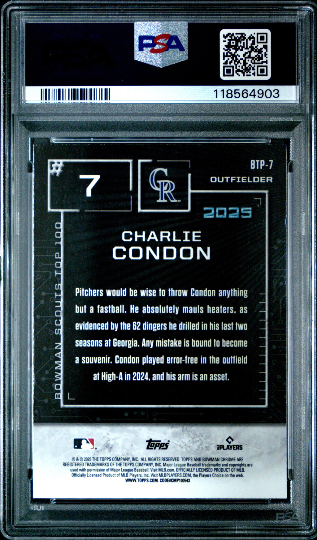Graded 2025 Topps Bowman Charlie Condon #BTP7 Scouts Top 100 Rookie RC Baseball Card PSA 10 Gem Mint