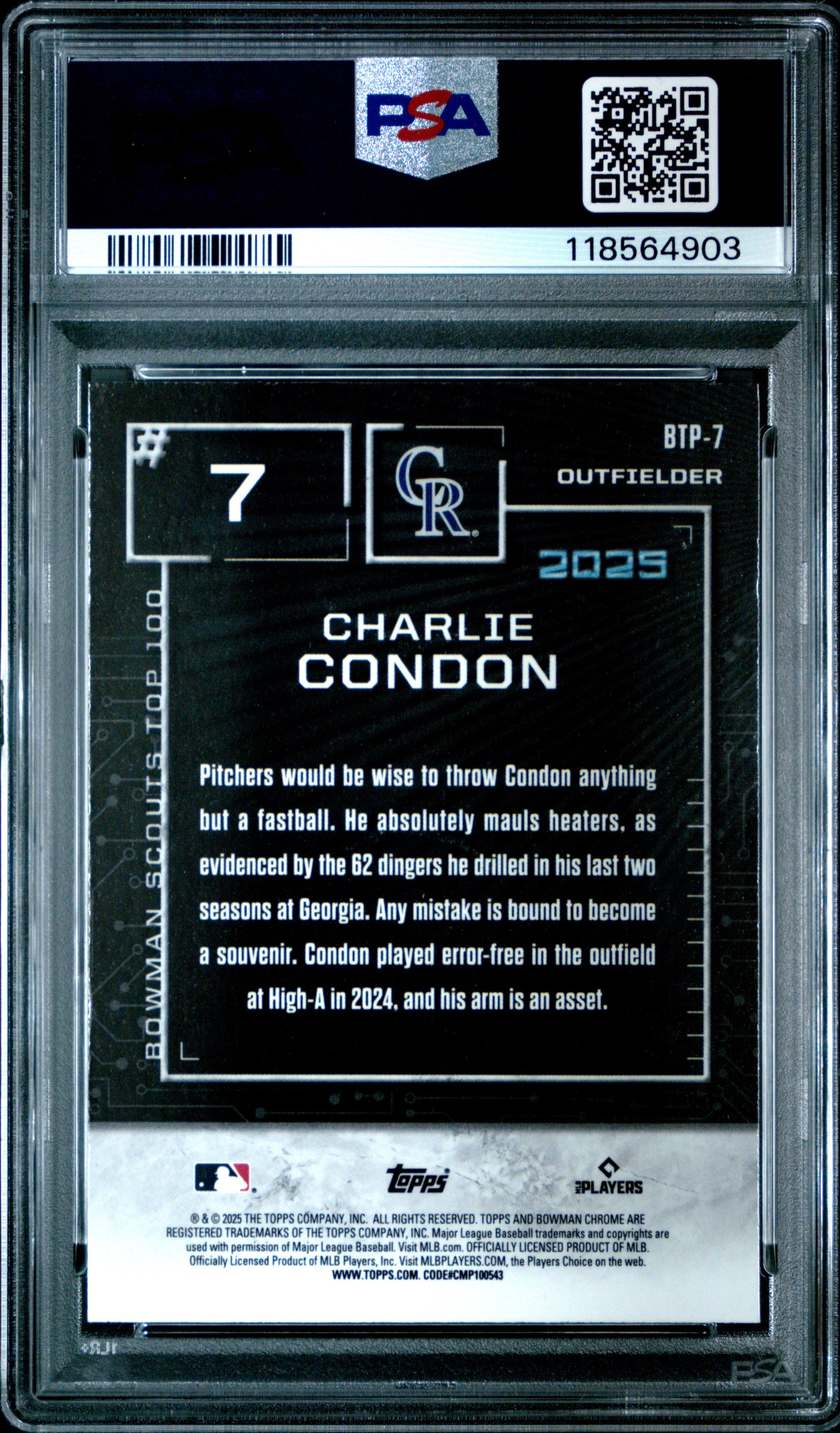 Graded 2025 Topps Bowman Charlie Condon #BTP7 Scouts Top 100 Rookie RC Baseball Card PSA 10 Gem Mint
